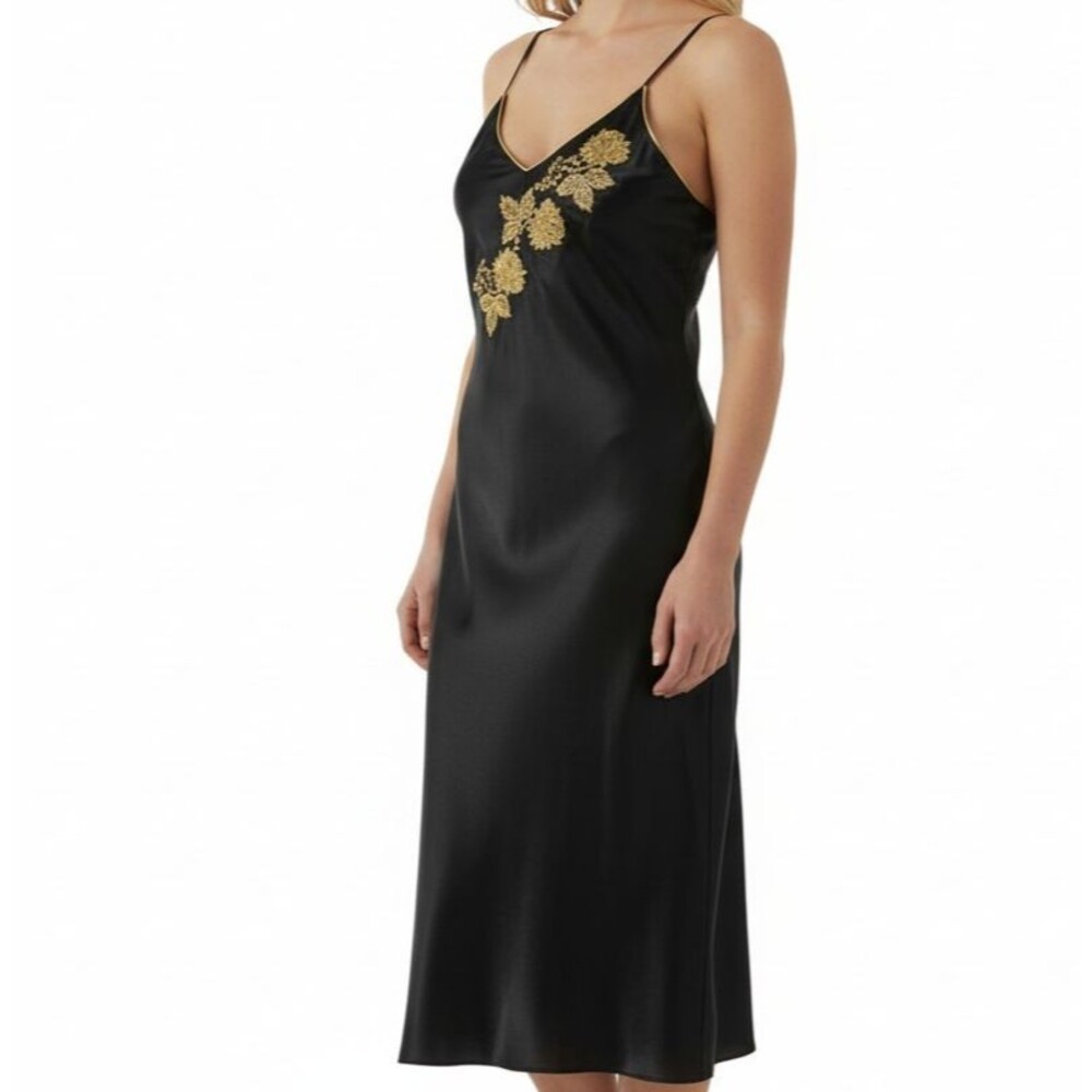 Halston Night Gown Women Petite Large Black Embroidered Midi Slip Dress Satin